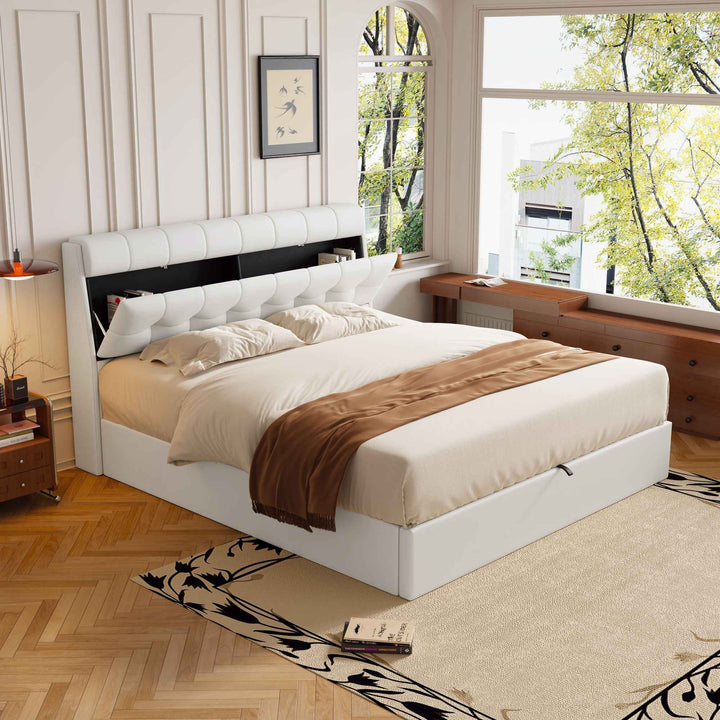 King size upholstered ottoman bed PU cream white, headboard storage 150x200cm