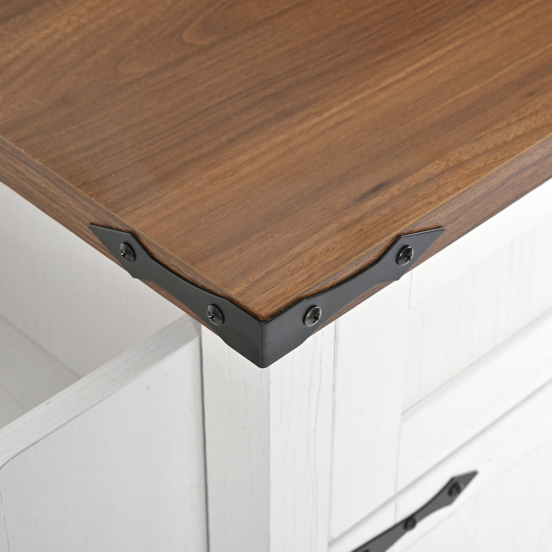 White farmhouse style rolling kitchen island with fold-out top and racks SALTMARSH