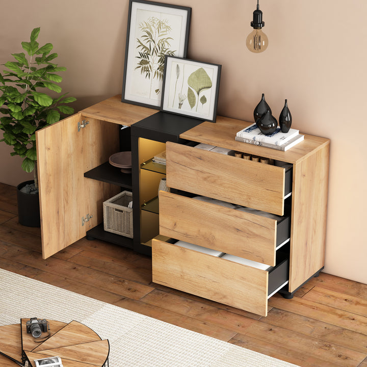 Wooden and Black Sideboard Cabinet with 3 Drawers, Glass Shelves and LED Lights 140 cm TRISHELF