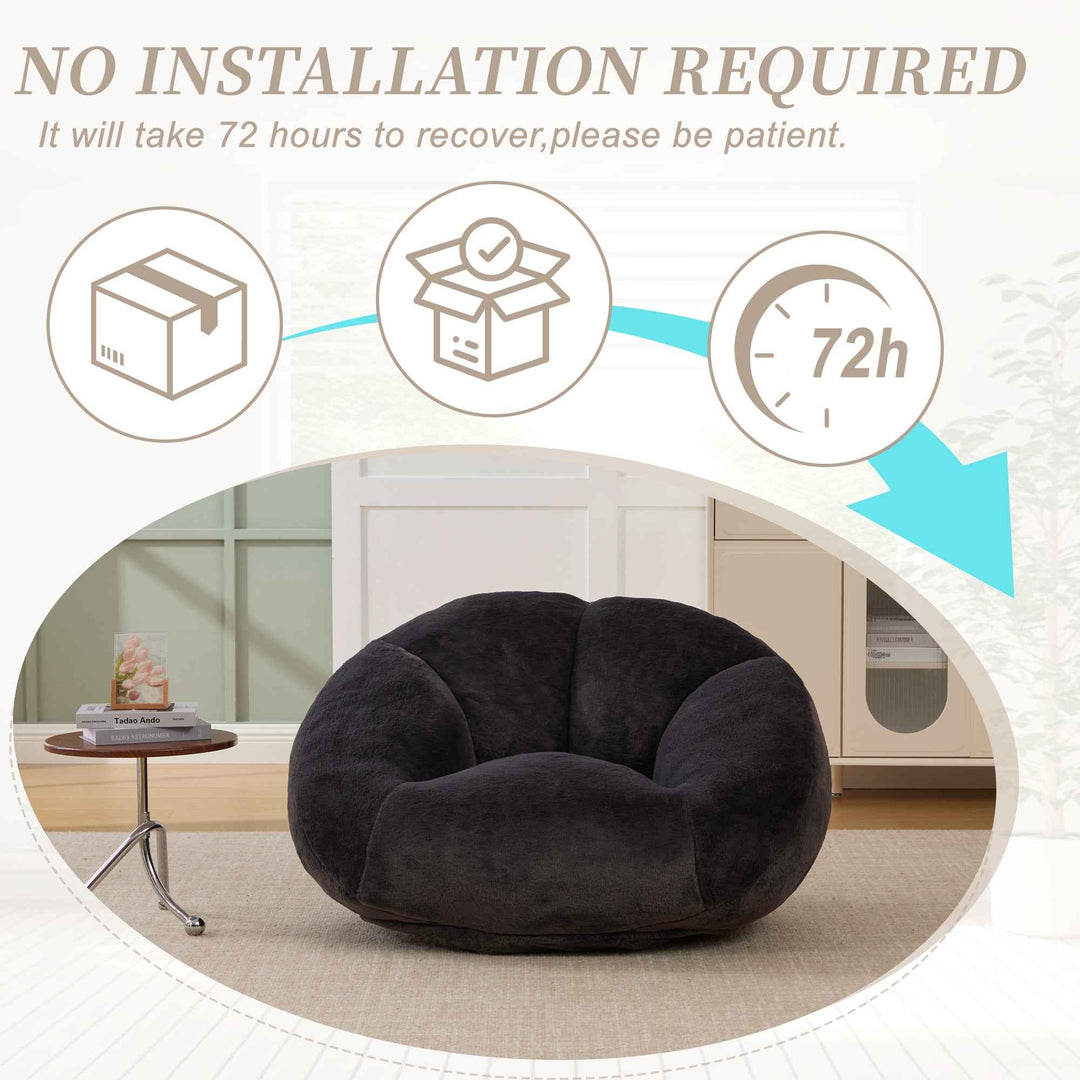 Lazy chair shell shaped sofa black faux fur, memory foam bean bag chair removable cover