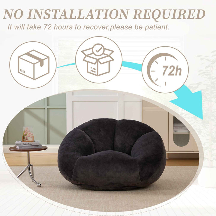 Lazy chair shell shaped sofa black faux fur, memory foam bean bag chair removable cover