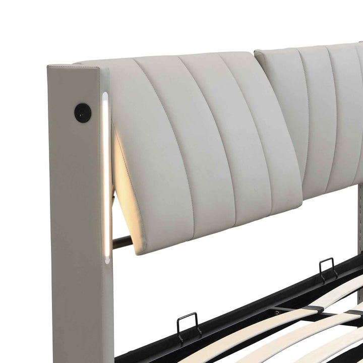 Super king size ottoman bed PU light grey with LED, USB ports, adjustable headboard 180x200cm INFINITEKAELIS