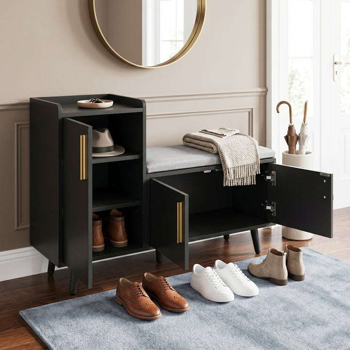 Modern L-shape black shoe storage bench, metal golden handles 100x34x69cm ELEGANT TABLE ART