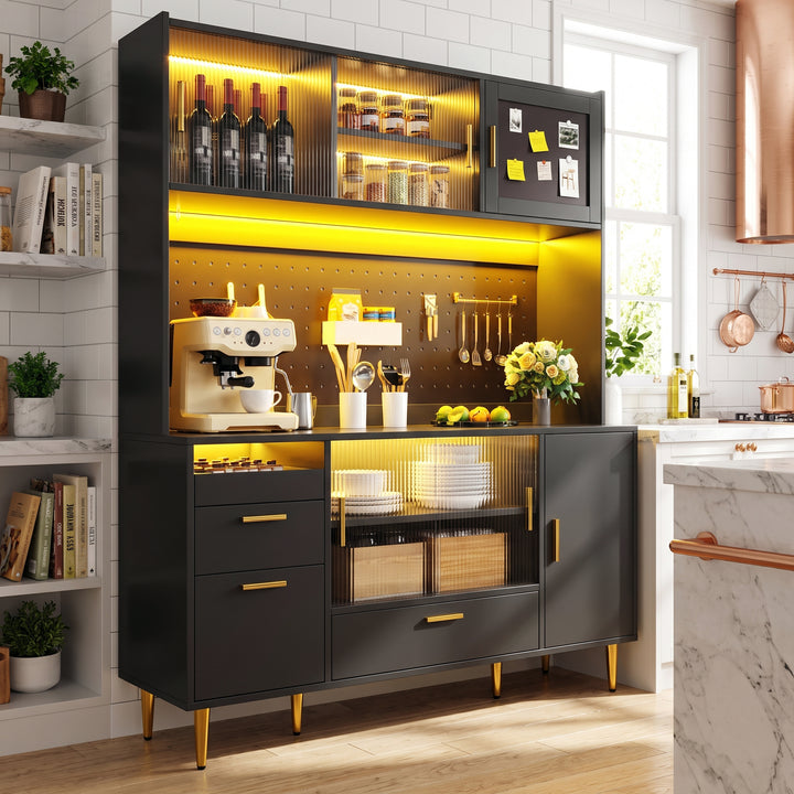 Tall black kitchen hutch cabinet with LED lighting and glass sliding doors 140×40×180cm COMPACTVASE