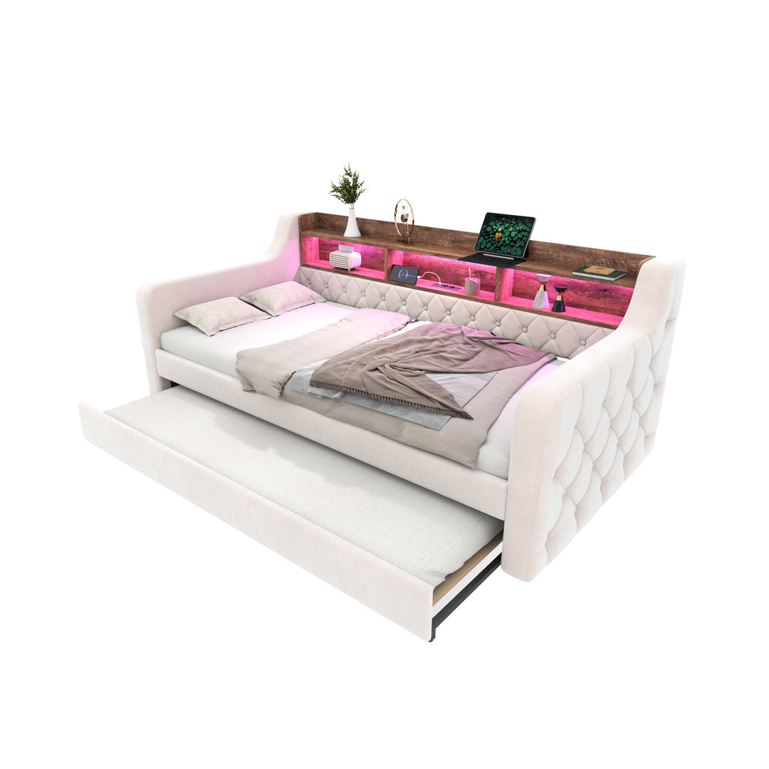 Beige velvet tufted button daybed with rustic wood shelves, lighting LED and charging port (90×190cm) TIDAL