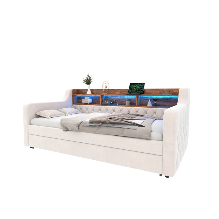 Beige velvet tufted button daybed with rustic wood shelves, lighting LED and charging port (90×190cm) TIDAL