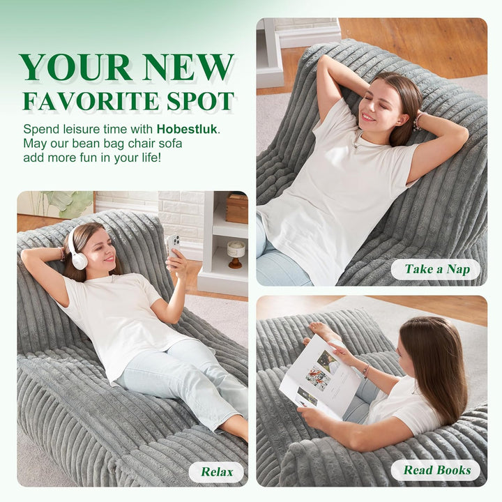 Comfy grey ribbed corduroy lazy sofa bean bag & ottoman set MYSTERIS