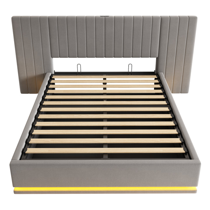 Grey velvet king ottoman bed end opening with LED lighting and charging station (150×200cm) REMEDIAT