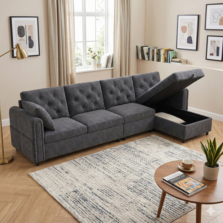 Modern L-shaped 3-seater velvet grey sectional sofa with storage chaise 281x132x86cm ELEGANT STEEL MAX