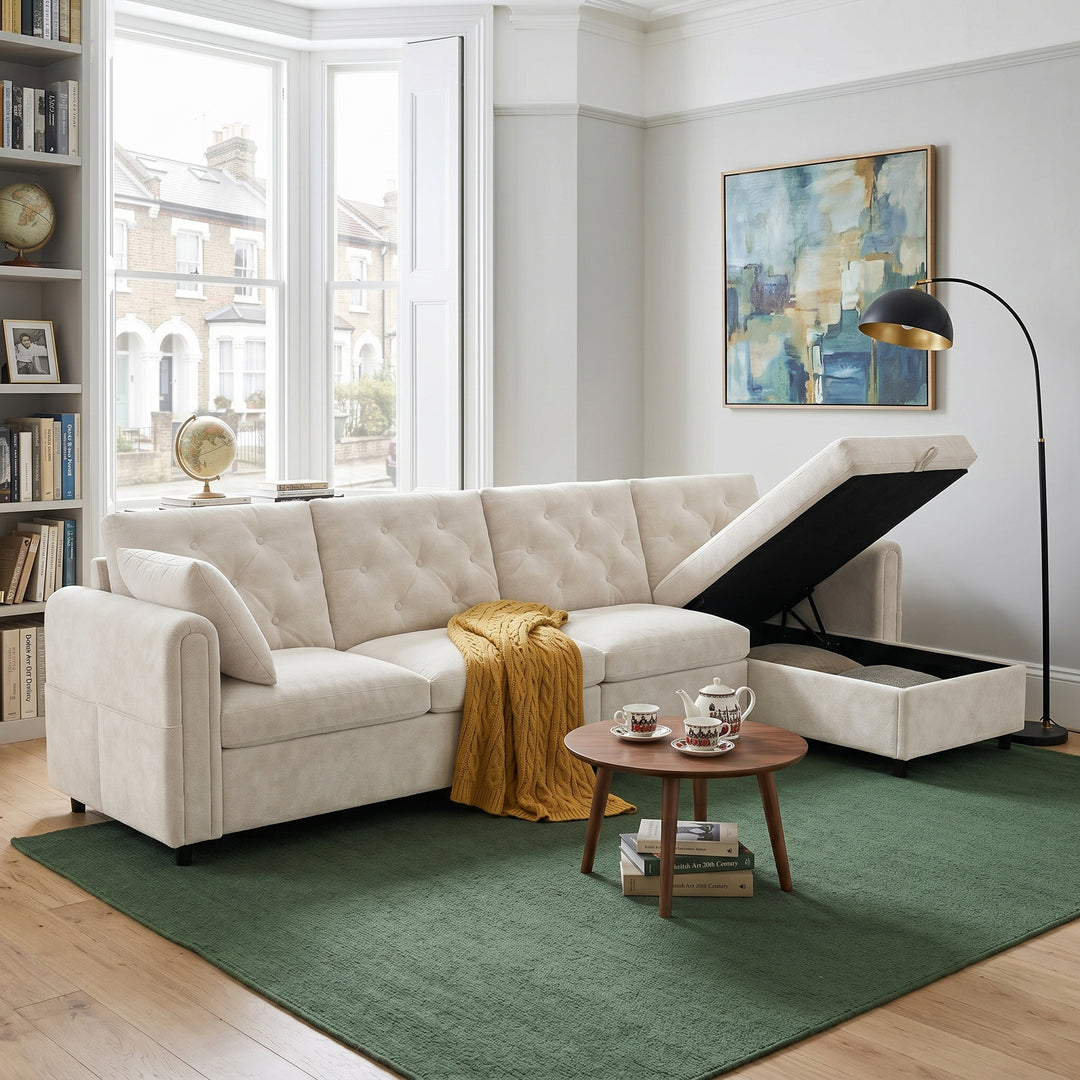 Modern L-shaped 3-seater velvet beige sectional sofa with storage chaise 281x132x86cm ELEGANT STEEL LINE