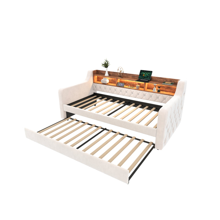Beige velvet tufted button daybed with rustic wood shelves, lighting LED and charging port (90×190cm) TIDAL