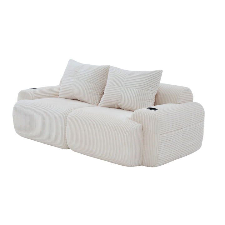 Beige corduroy 2-seater loveseat with cupholders and cushions LUXURY TRAY SET