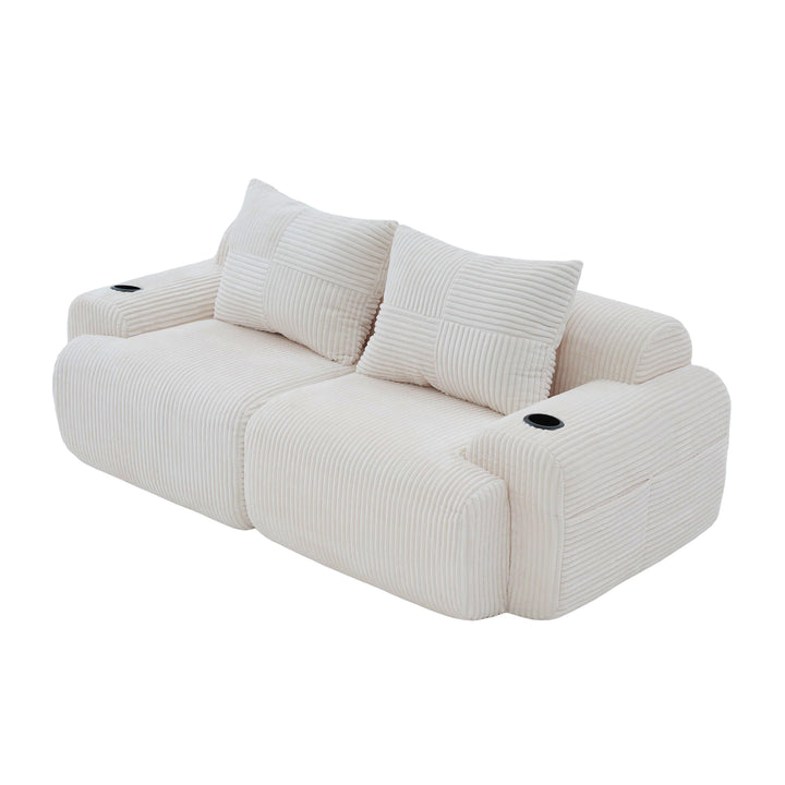 Beige corduroy 2-seater loveseat with cupholders and cushions LUXURY TRAY SET