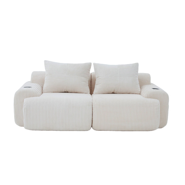 Beige corduroy 2-seater loveseat with cupholders and cushions LUXURY TRAY SET