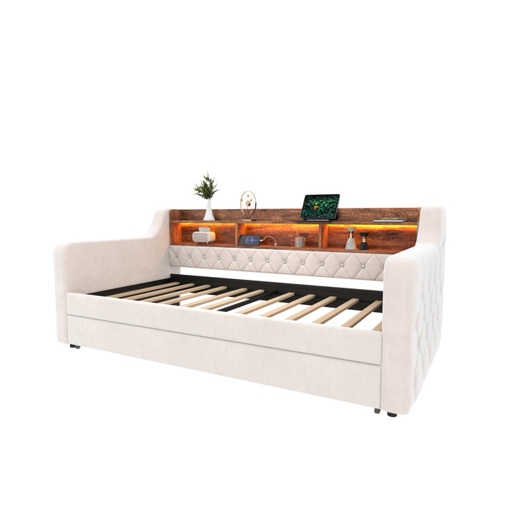 Beige velvet tufted button daybed with rustic wood shelves, lighting LED and charging port (90×190cm) TIDAL