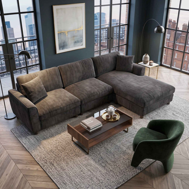 L-shaped 3-seater corner sofa, reversible chaise, chenille dark grey 256cm QUADSOFA