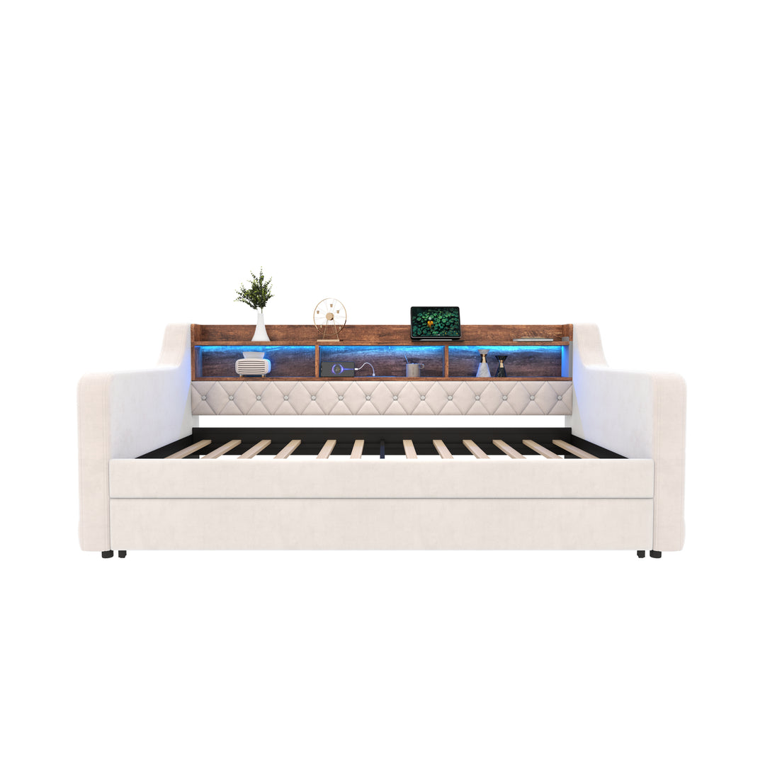 Beige velvet tufted button daybed with rustic wood shelves, lighting LED and charging port (90×190cm) TIDAL