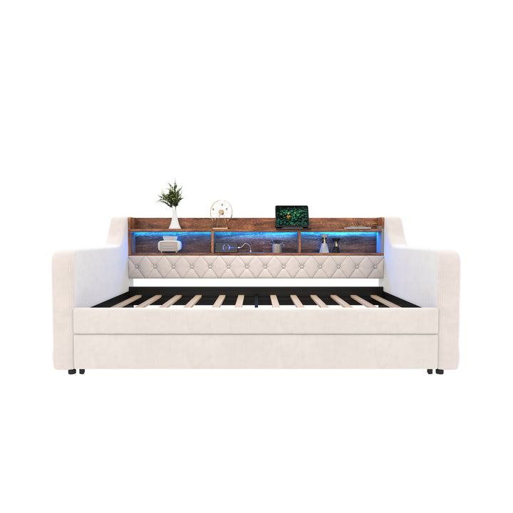 Beige velvet tufted button daybed with rustic wood shelves, lighting LED and charging port (90×190cm) TIDAL