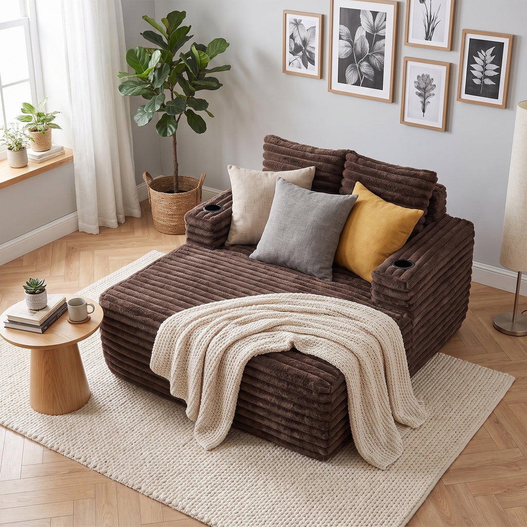 Brown Ribbed Velvet Extra-Large Lounge Chair with Cupholders WICKEROTTOMAN