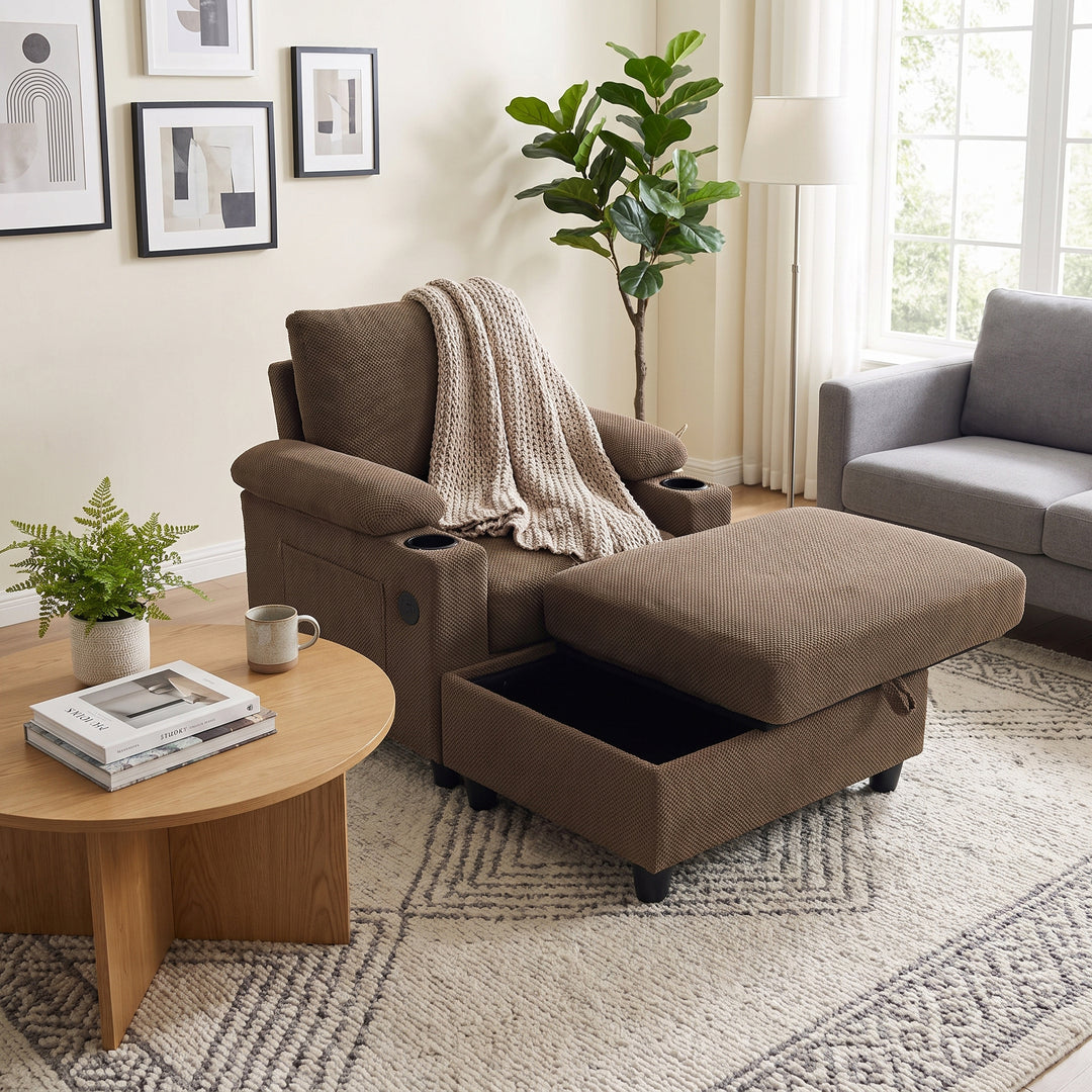 Multi-Functional Brown Corduroy Single Sofa with Adjustable Back and Hidden Storage Ottoman WOODORGANIZER