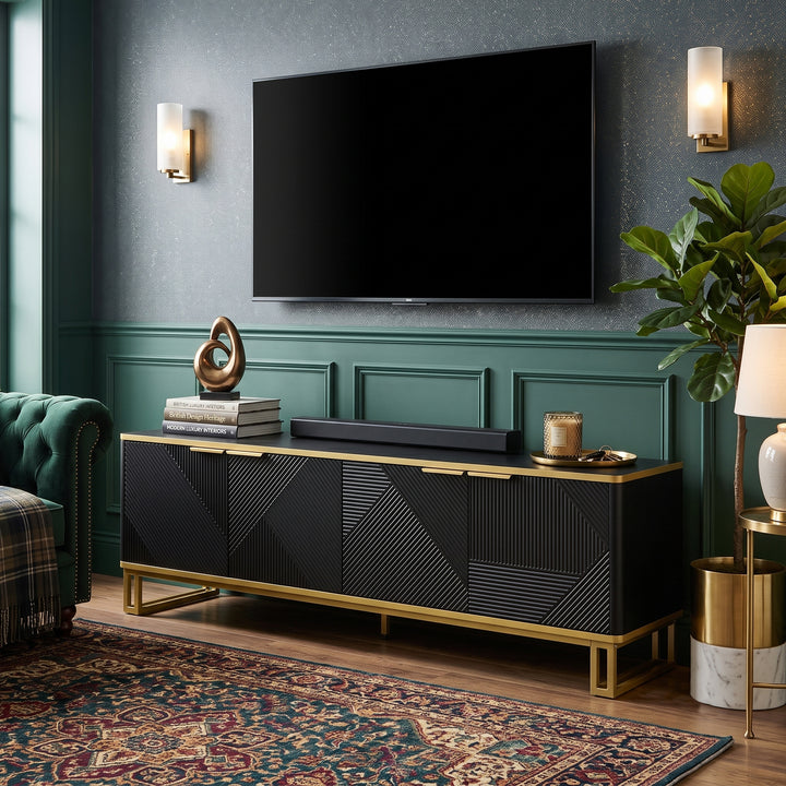 Luxury geometric texture TV stand, black & gold finish 4 doors CONCRETECURTAIN