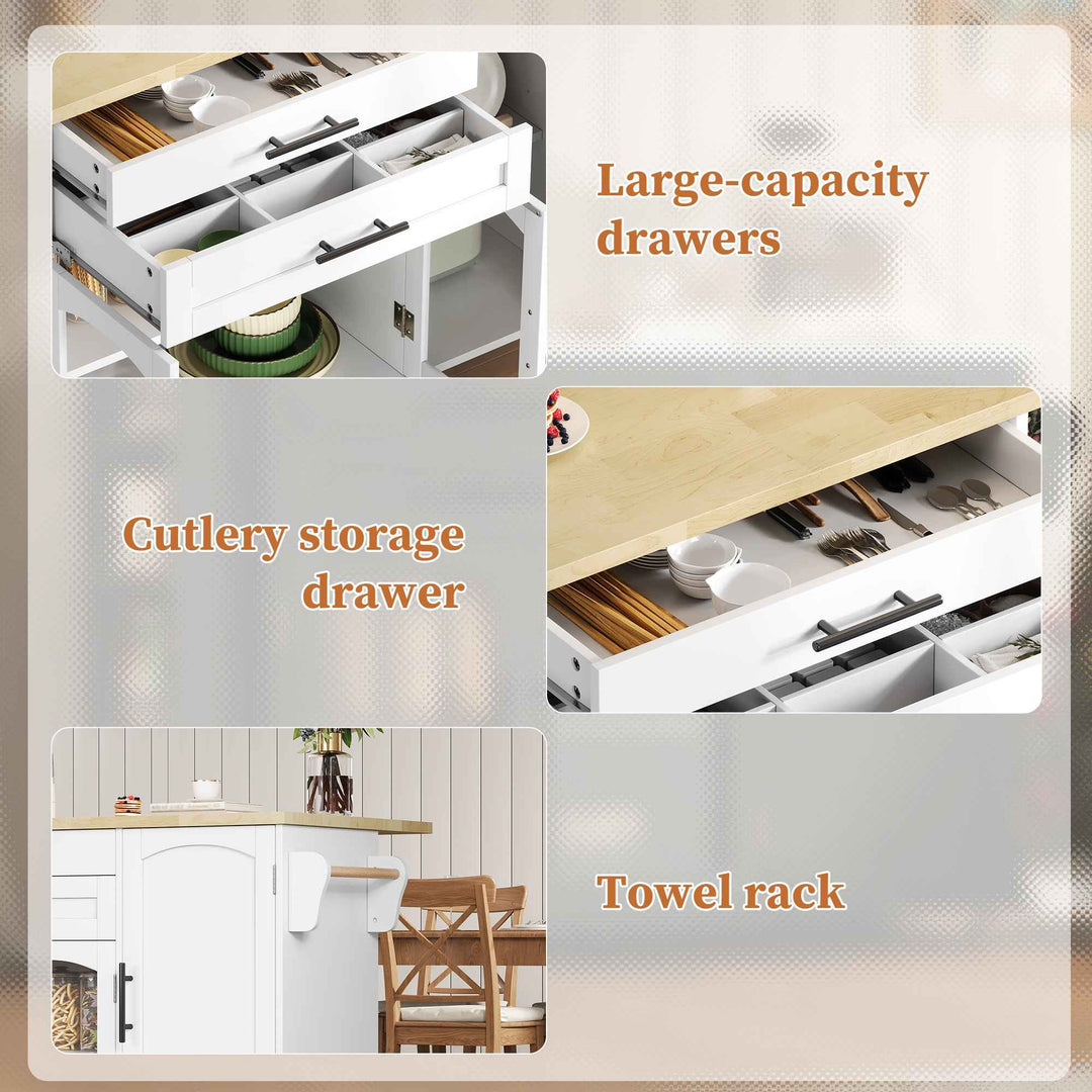 00+Mobile Kitchen Island Trolley White Foldable Worktop, 5 Wheels, Glass Doors, Storage Racks, Cutlery Drawer NOVAOR
