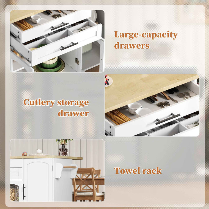 00+Mobile Kitchen Island Trolley White Foldable Worktop, 5 Wheels, Glass Doors, Storage Racks, Cutlery Drawer NOVAOR