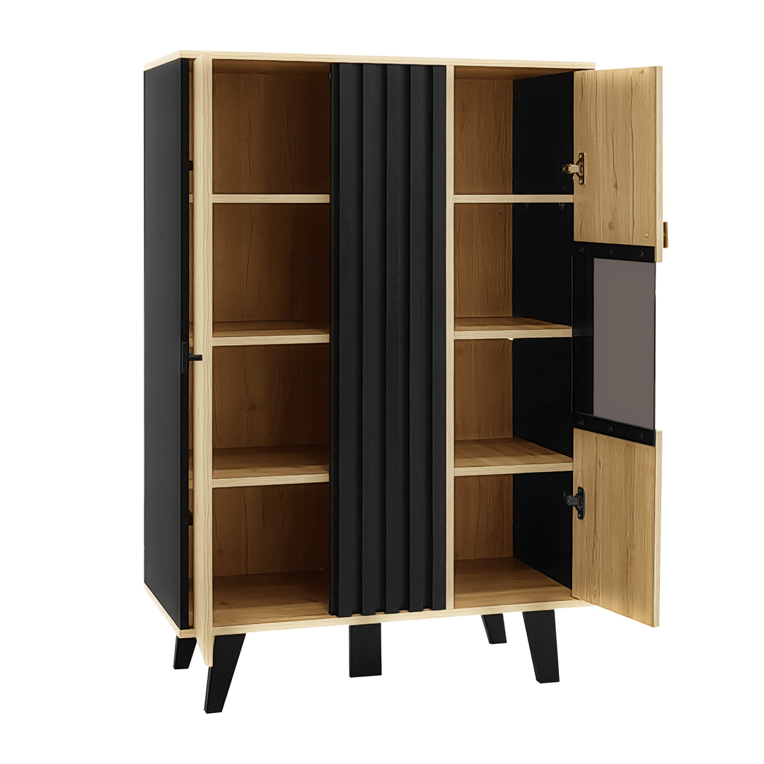 00+Sideboard black & wood with LED lighting and glass doors PROTONEM