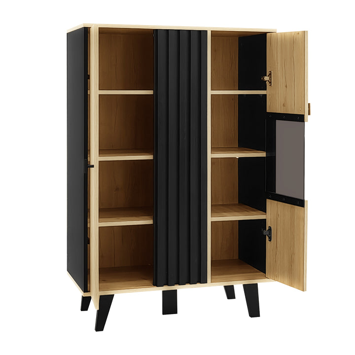00+Sideboard black & wood with LED lighting and glass doors PROTONEM