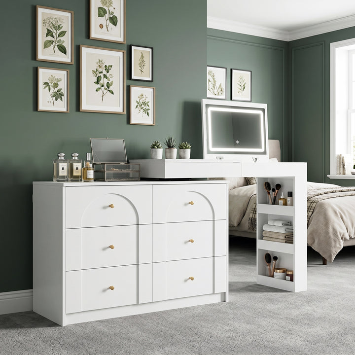 White L-shaped rotating vanity desk with LED mirror makeup table ELEGANT THROW HOME