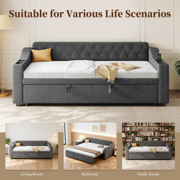 Dark grey linen tufted upholstered daybed with trundle and charging station CEARA
