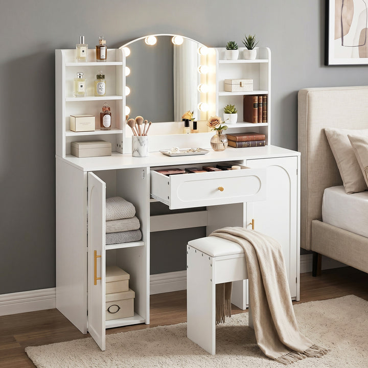 Modern white vanity makeup table with stool, LED mirror 110x40x132cm ELEGANT TABLE SET