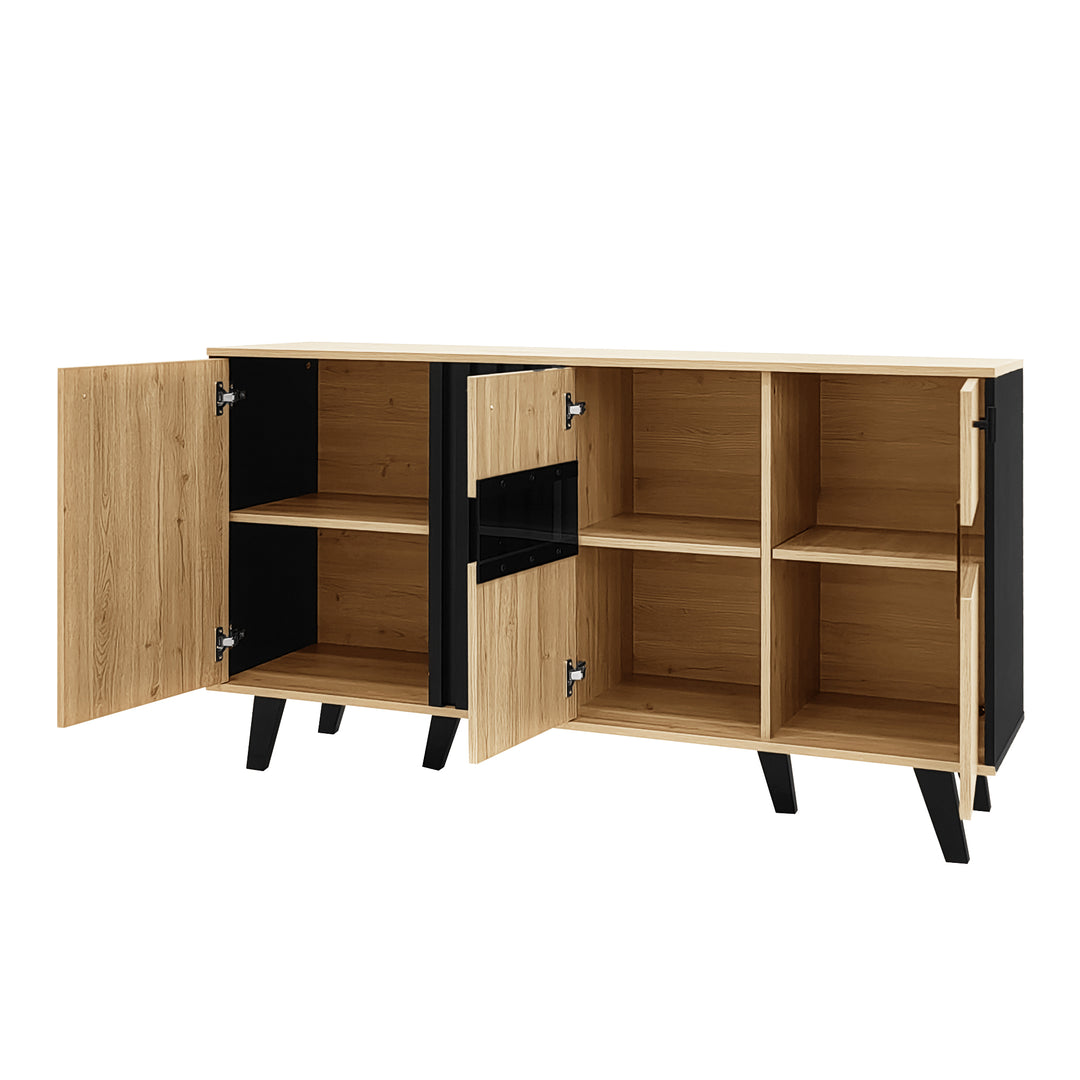 Modern wooden sideboard wood &amp; stripped black with LED lighting APOTHECI