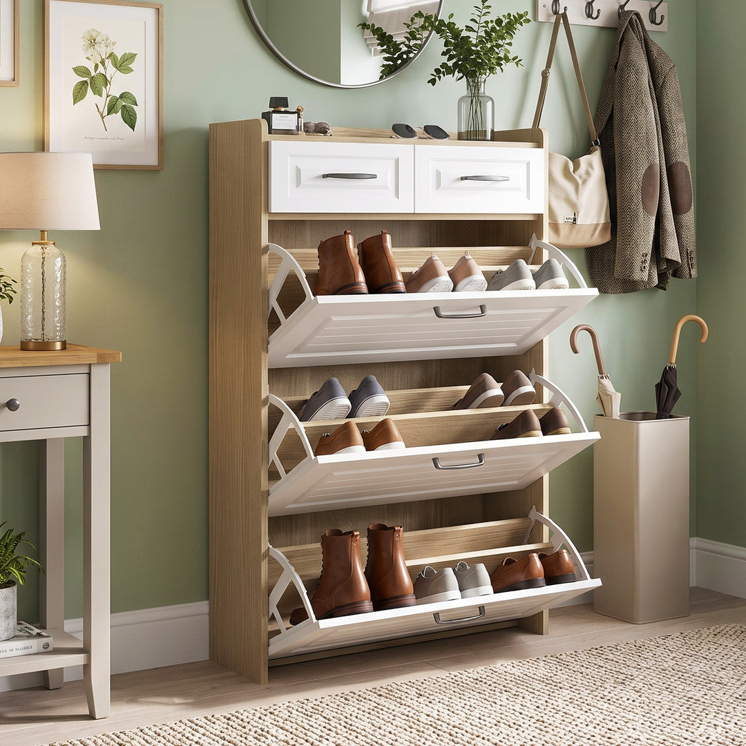 White shoe cabinet with 3 flip doors & 2 drawers 80x23.5x131cm ELEGANT TRAY ART