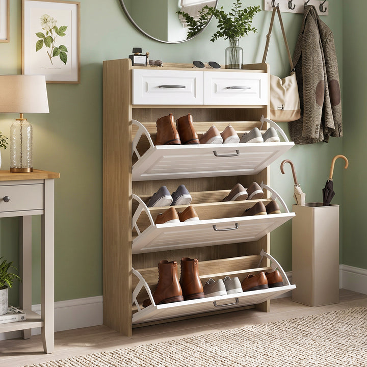 White shoe cabinet with 3 flip doors & 2 drawers 80x23.5x131cm ELEGANT TRAY ART