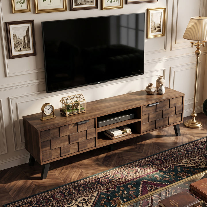 Walnut wooden TV cabinet vintage geometric pattern with 2 doors CONSOLEPRO