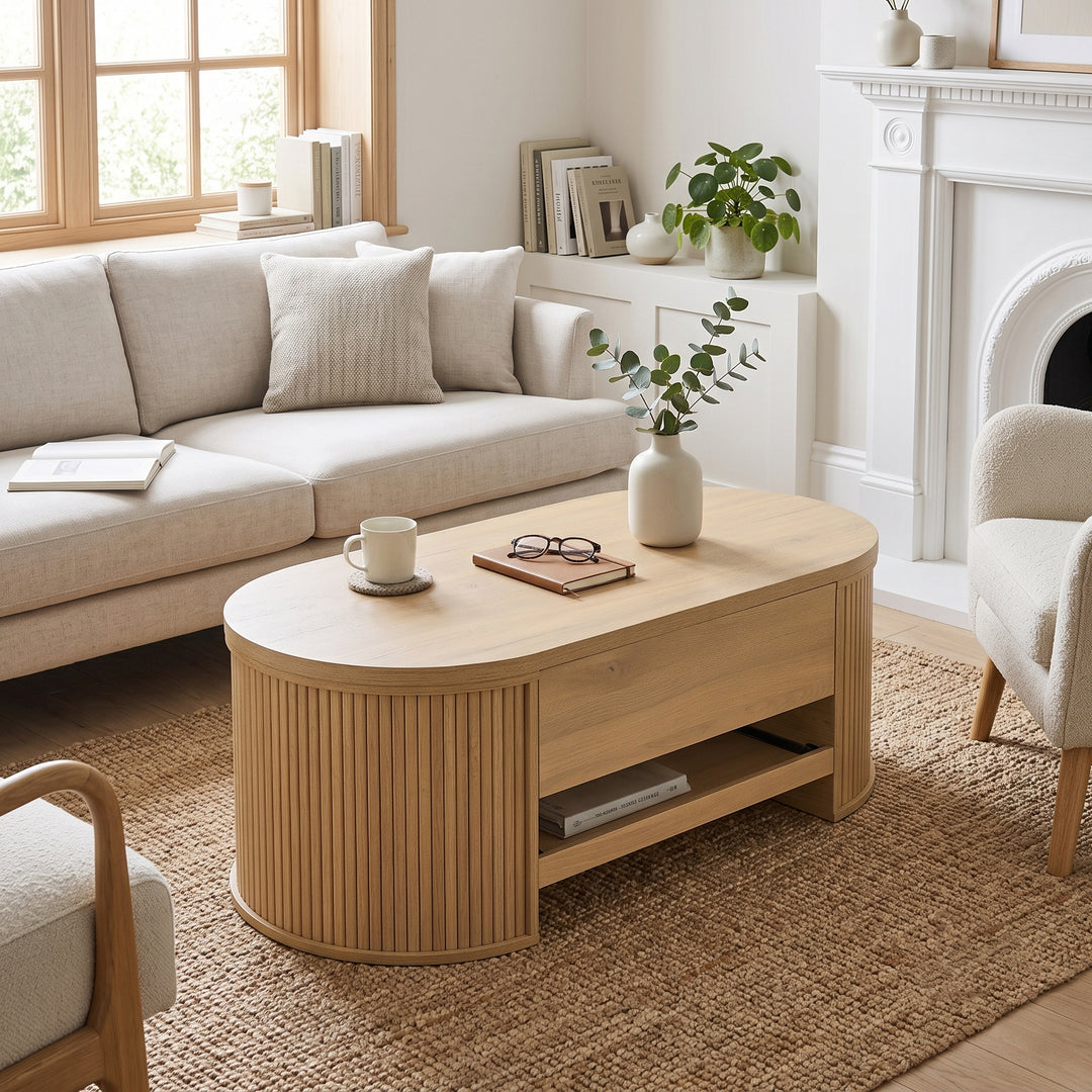 Light wooden oval lift-top coffee table with hidden storage and tray, rounded fluted design CONCRETEPILLOW