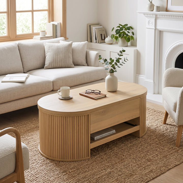 Light wooden oval lift-top coffee table with hidden storage and tray, rounded fluted design CONCRETEPILLOW