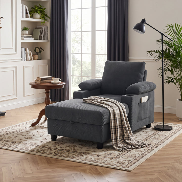 Multi-Functional Grey Corduroy Single Sofa with Adjustable Back and Hidden Storage Ottoman WOODPILLOW