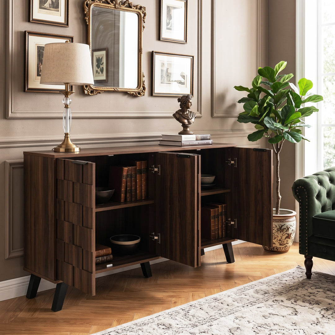 Walnut wooden sideboard vintage geometric pattern with 4 doors 150x35x78cm CONSOLEPLUS