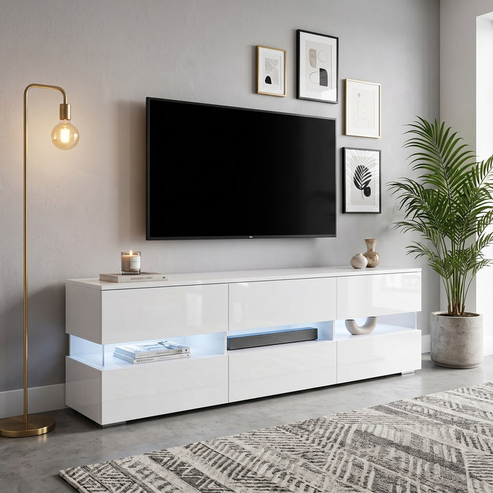 White high gloss TV stand with LED lights 4 doors 2 drawers 160cm COMPACTRESINPRIME