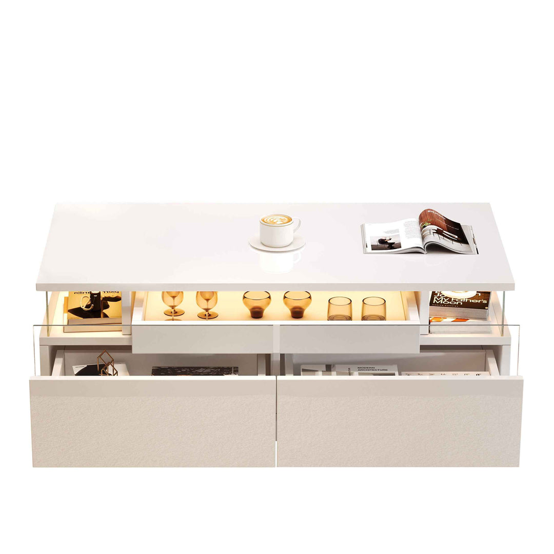 White high gloss coffee table with LED lights, 2 drawers, pull-out tray FLAREVORNAX