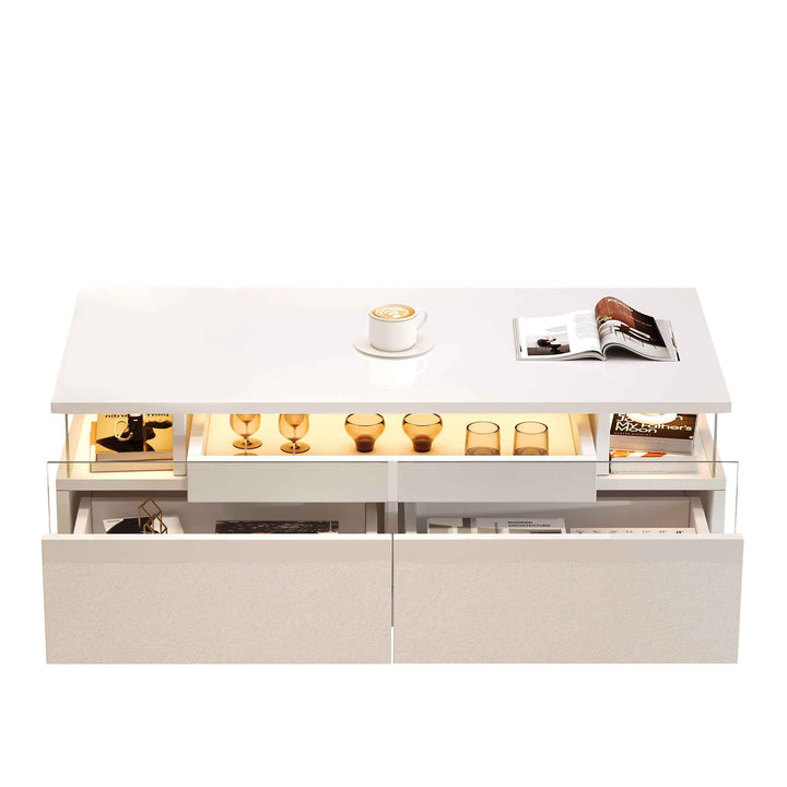 White high gloss coffee table with LED lights, 2 drawers, pull-out tray FLAREVORNAX