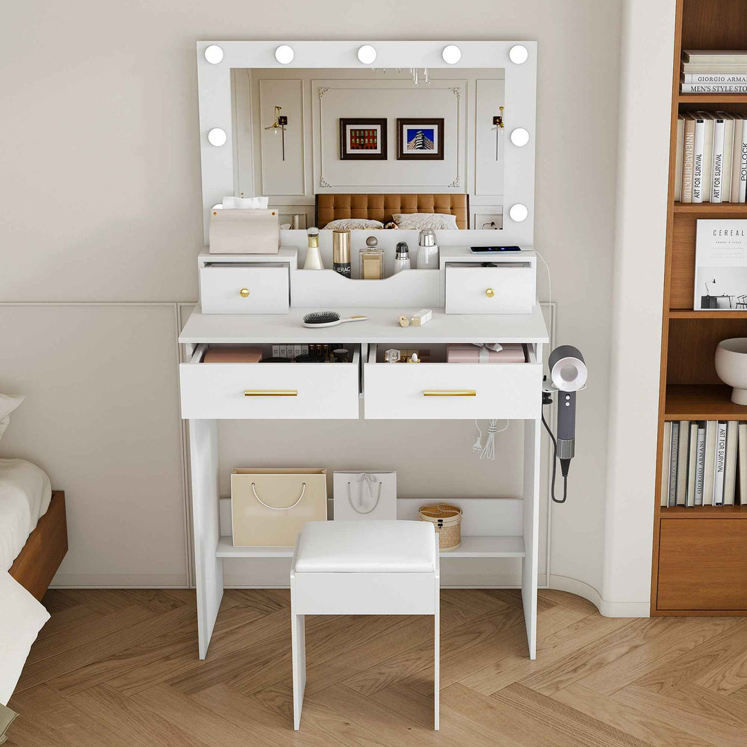 00+Makeup Vanity Table White with 9 LED Bulbs, 4 Drawers, Mirror, Socket & Stool TRUNKPLASTIC