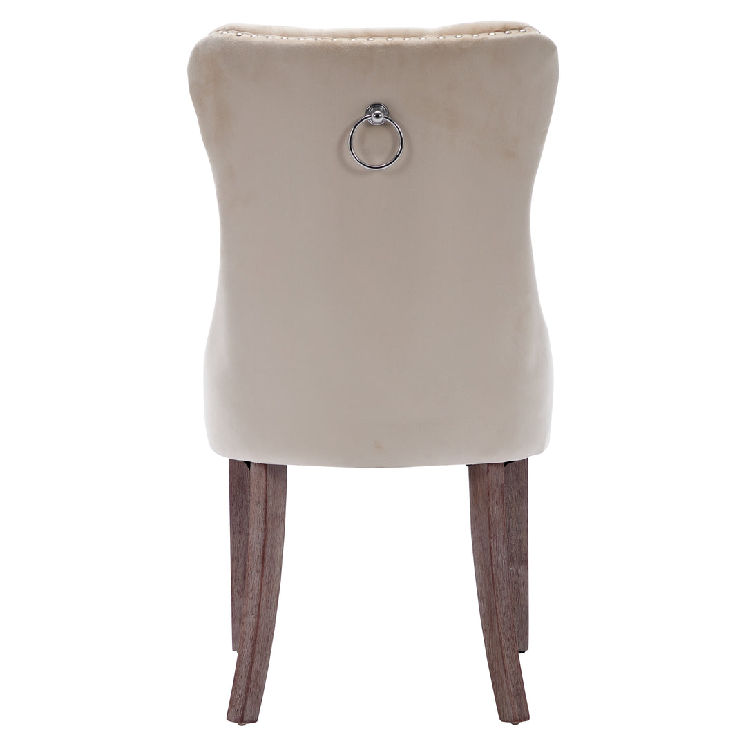 Set of 4 dining chairs velvet beige tufted with solid wood legs, nailheads and back chrome ring ELYSIUMAL