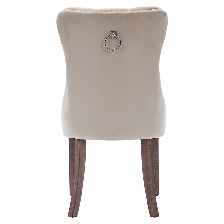 Set of 4 dining chairs velvet beige tufted with solid wood legs, nailheads and back chrome ring ELYSIUMAL