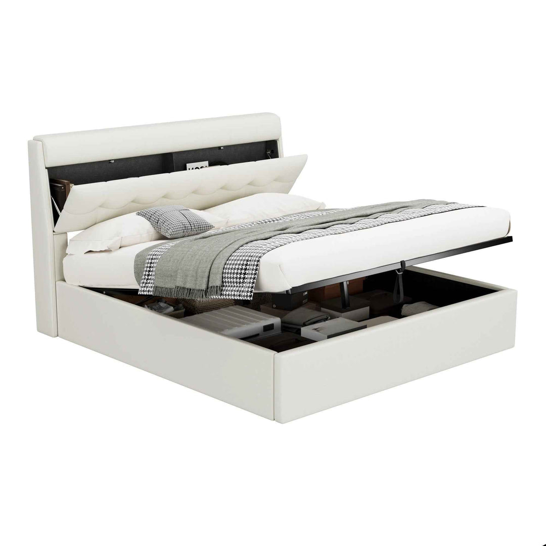 Double ottoman bed frame PU cream white headboard storage no mattress 135x190cm