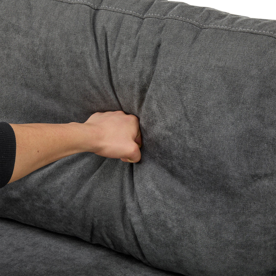 Grey L-shaped corner sofa bed, side shelf with integrated USB and storage VOLATILGAS