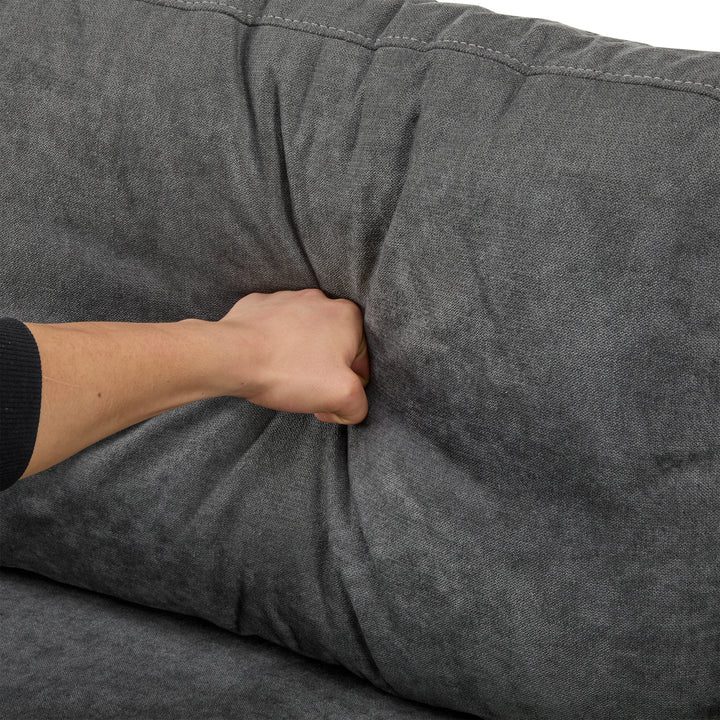 Grey L-shaped corner sofa bed, side shelf with integrated USB and storage VOLATILGAS