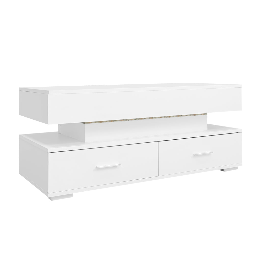 White lift-top coffee table with LED lighting and 2 drawers 100×50×44cm CYBERSPACE